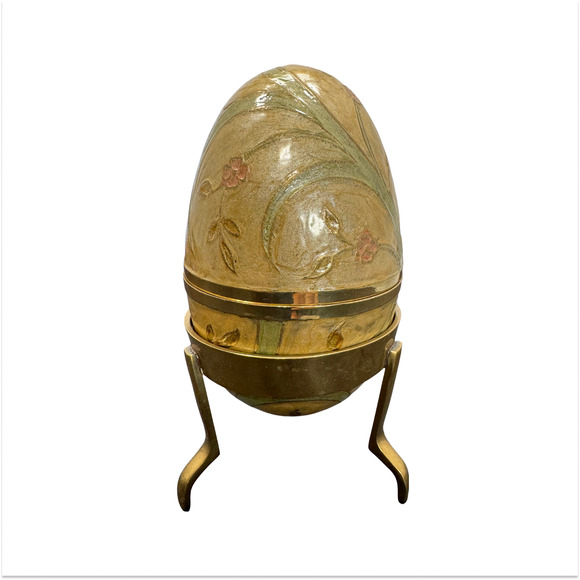 Unbranded Other - VTG Cream Pink Green Cloisonne Enamel Brass Egg On Stand Lift Off Trinket Box 6"